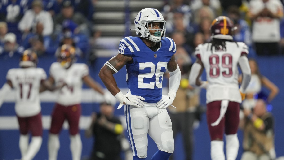 Indianapolis Colts safety Rodney McLeod Jr. (26) reacts after a Washington Commanders touchdown Sunday, Oct. 30, 2022, during a game against the Washington Commanders at Indianapolis Colts at Lucas Oil Stadium in Indianapolis.