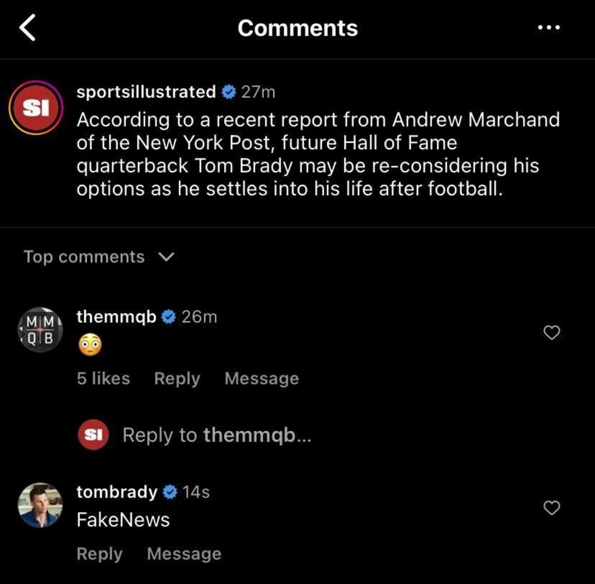 Tom Brady responds to an SI Instagram post about his broadcasting future.