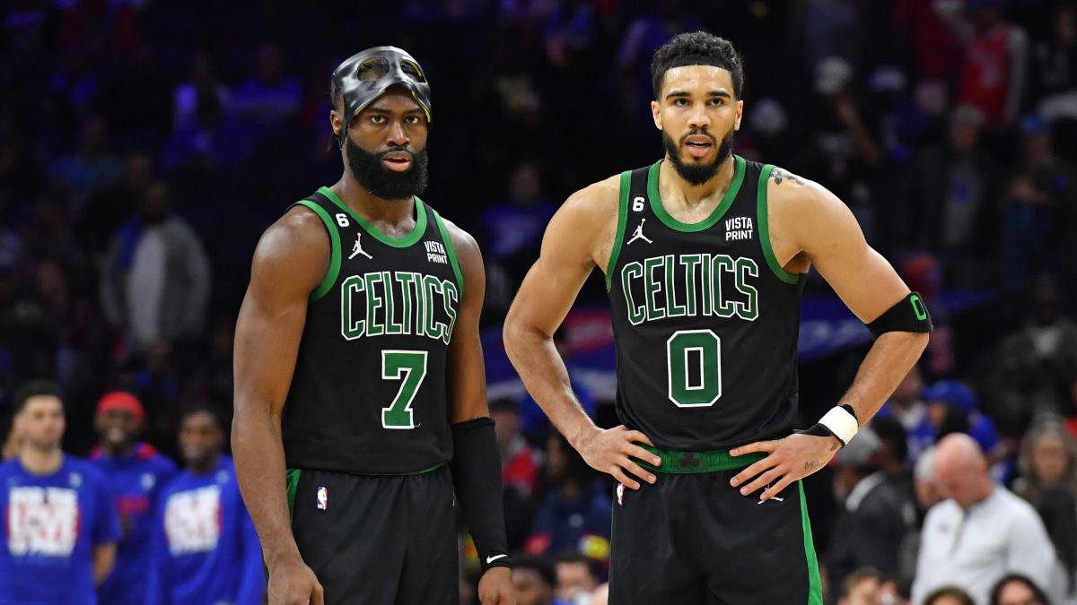 May 5, 2023; Philadelphia, Pennsylvania, USA; Boston Celtics guard Jaylen Brown (7) and forward Jayson Tatum (0) celebrate during final minute of win against the Philadelphia 76ers during the fourth quarter of game three of the 2023 NBA playoff at Wells Fargo Center.