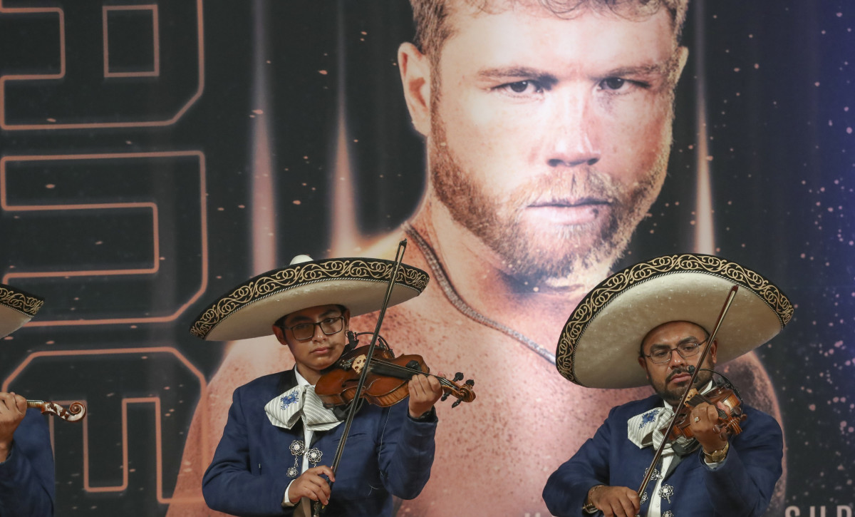 Mariachi musicians perform at the weigh-in ceremony for boxers Saul "Canelo" Alvarez of Mexico.