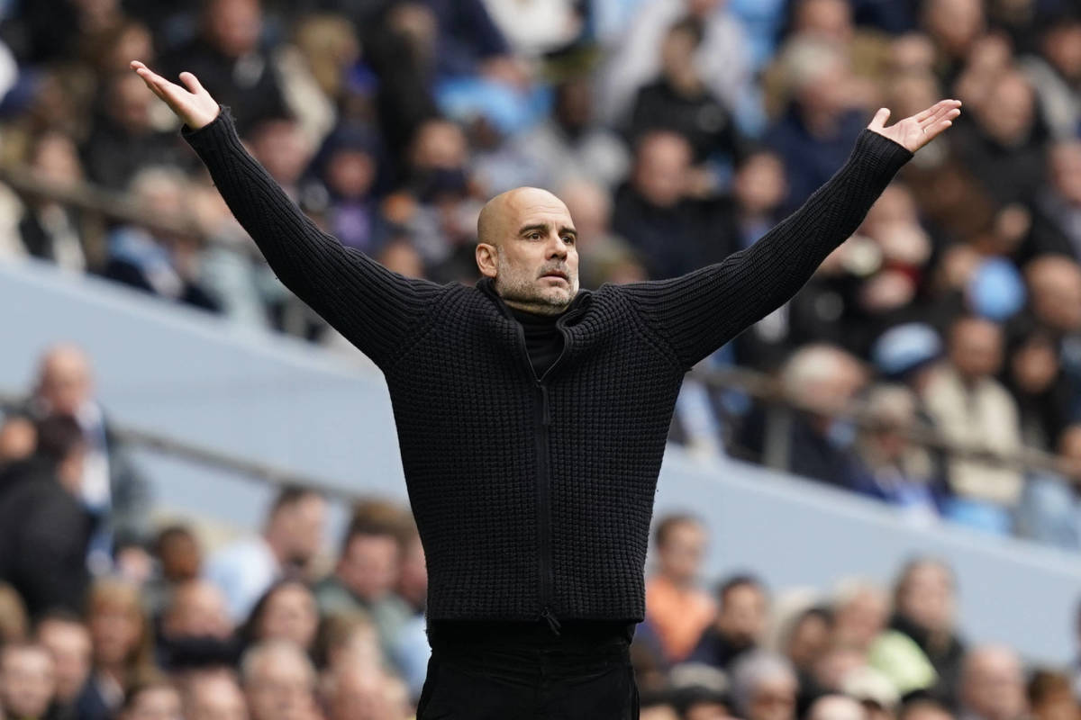 Manchester City manager Pep Guardiola pictured during his team's 2-1 win over Leeds United in May 2023