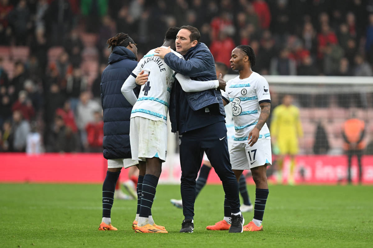 Benoit Badiashile pictured hugging Frank Lampard after Chelsea's 3-1 win at Bournemouth in May 2023