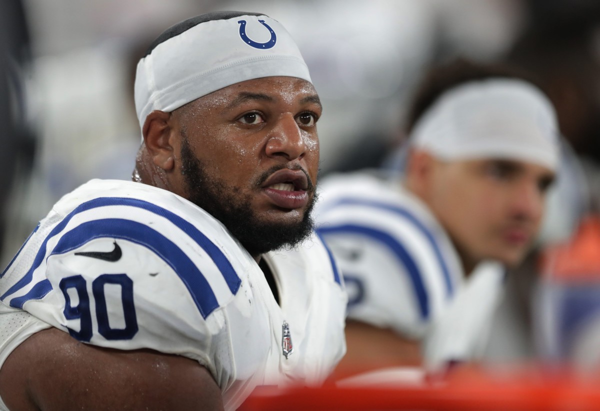 Indianapolis Colts defensive tackle Grover Stewart (90) watches action Monday, Oct. 11, 2021, during the first half of Colts against Baltimore at M&T Bank Stadium for Monday Night Football. 101121 Colts 018 Jw