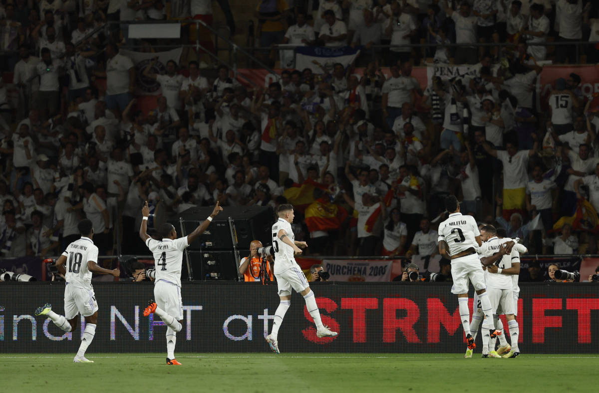 Players from Real Madrid pictured celebrating a goal during their victory over Osasuna in the 2023 Copa del Rey final