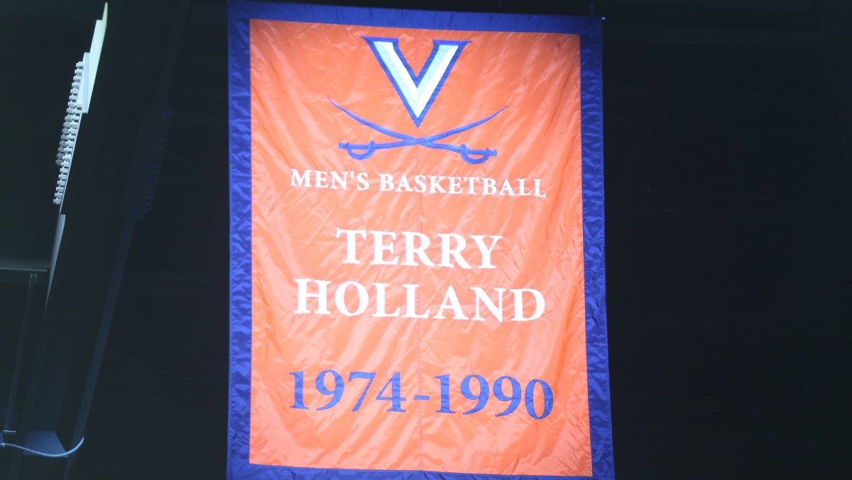 Banner honoring for Virginia men's basketball head coach and director of athletics Terry Holland at John Paul Jones Arena.