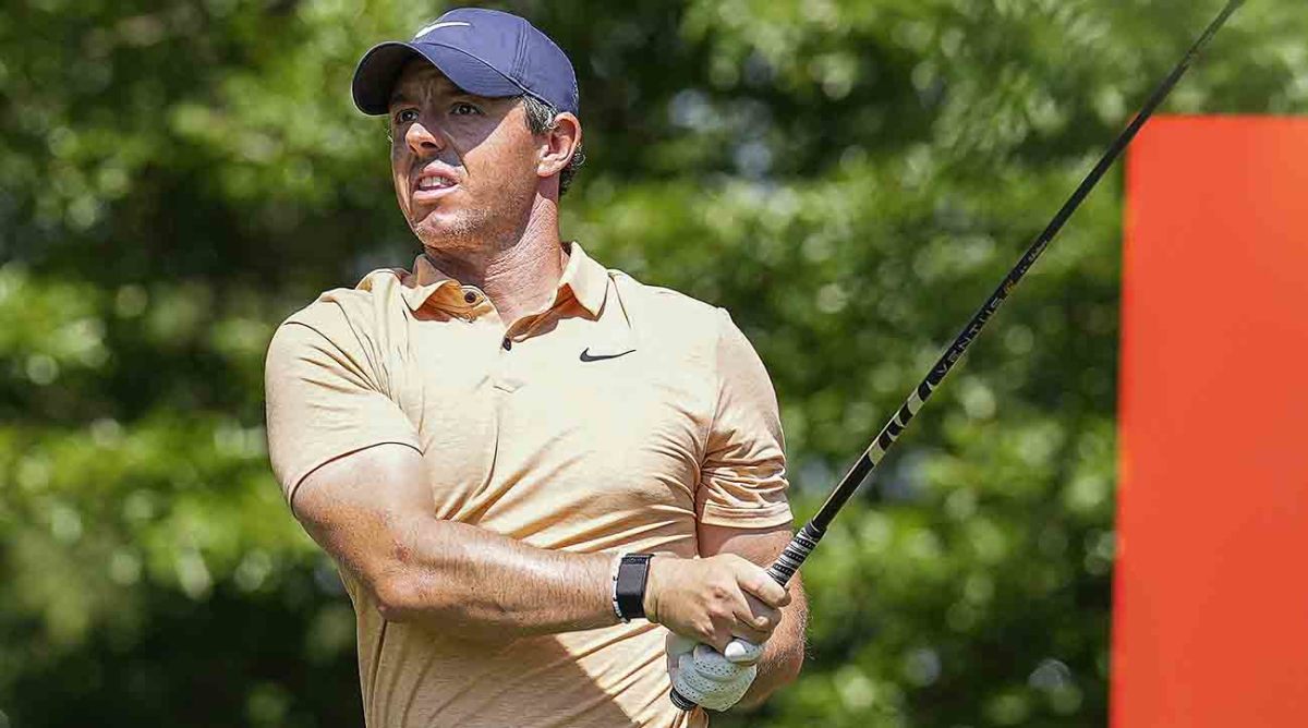 Rory McIlroy watches a tee shot at the 2023 Wells Fargo Championship.
