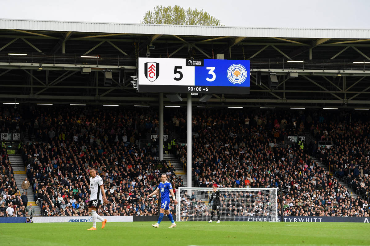 The scoreboard at Craven Cottage pictured in May 2023 during Fulham's 5-3 win over Leicester City