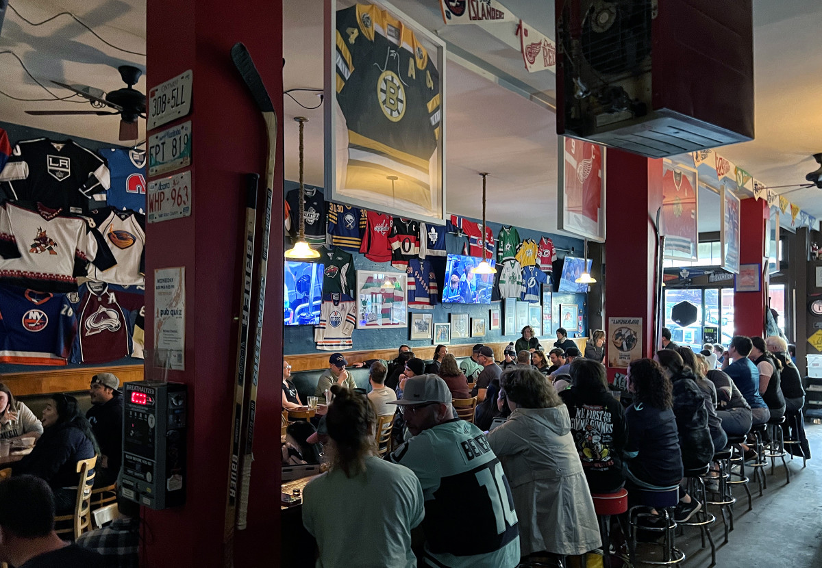 Inside The Angry Beaver, a hockey bar in Seattle.