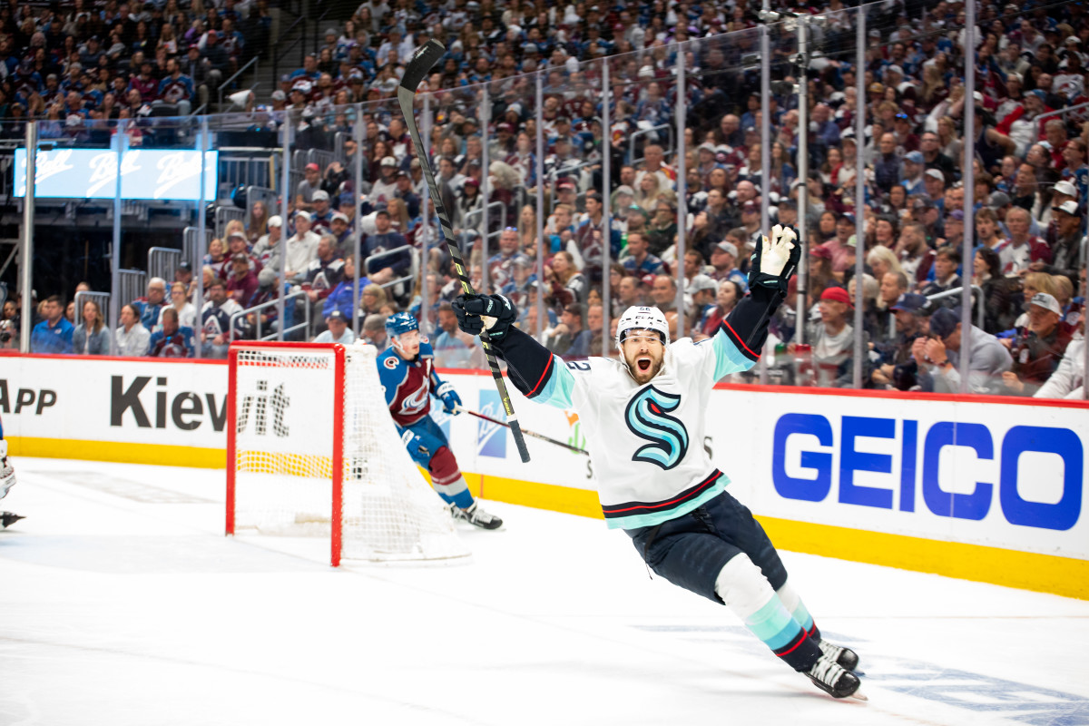 Oliver Bjorkstrand celebrates his goal against the Avs in the first round of the NHL playoffs.