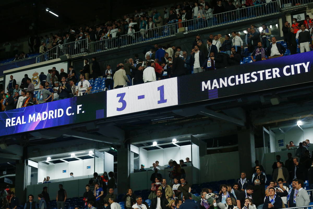 A photo of the scoreboard at the Bernabeu Stadium after Real Madrid beat Manchester City 3-1 in May 2022