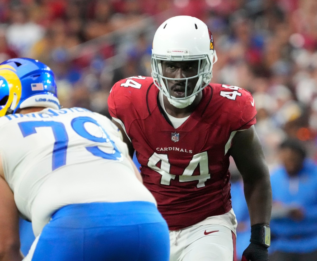 Arizona Cardinals linebacker Markus Golden (44) lines up against Los Angeles Rams offensive tackle Rob Havenstein (79) during the fourth quarter at State Farm Stadium. Nfl Los Angeles Rams At Arizona Cardinals