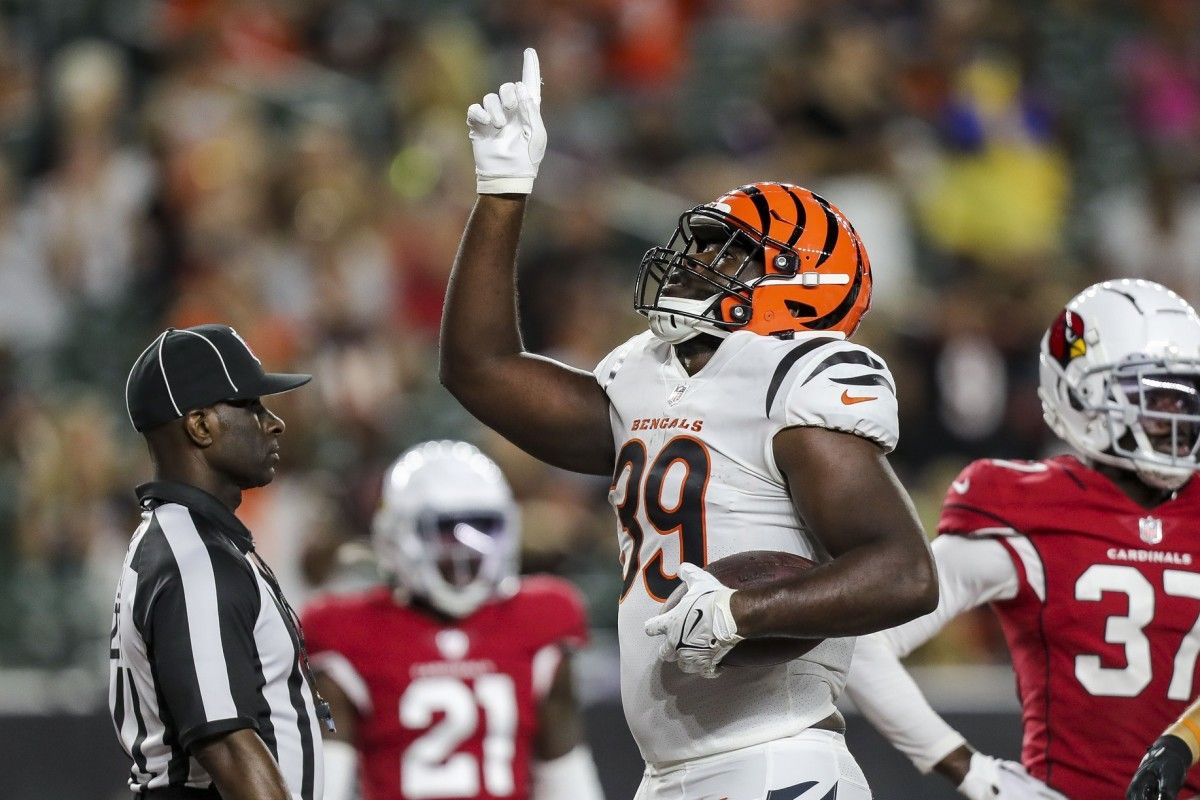 incinnati Bengals running back Jacques Patrick (39) reacts after scoring a touchdown against the Arizona Cardinals in the second half at Paycor Stadium.