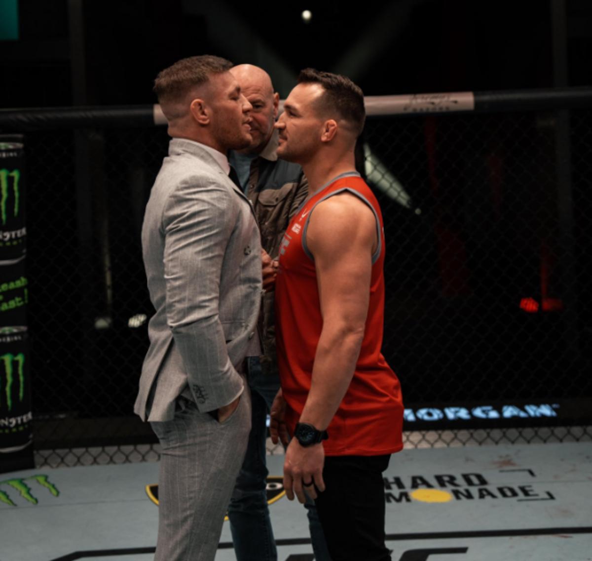 Conor McGregor and Michael Chandler stare down on the set of "The Ultimate Fighter" 31.