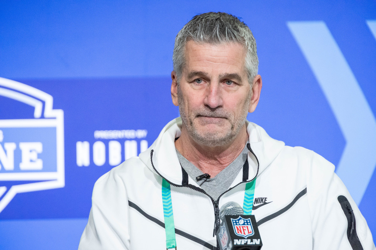 Mar 1, 2023; Indianapolis, IN, USA; Carolina Panthers coach Frank Reich speaks to the press at the NFL Combine at Lucas Oil Stadium.