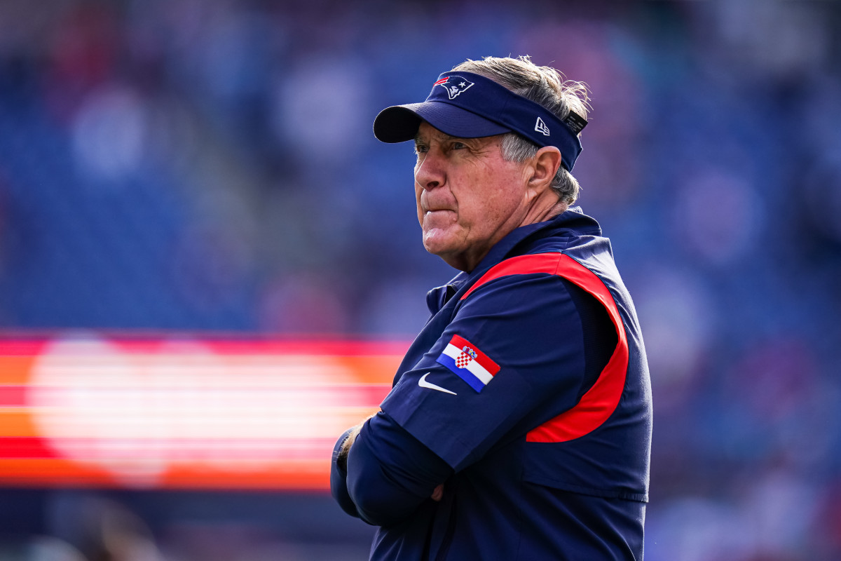 Jan 1, 2023; Foxborough, Massachusetts, USA; New England Patriots head coach Bill Belichick on the field for warm ups before the start of the game against the Miami Dolphins at Gillette Stadium.