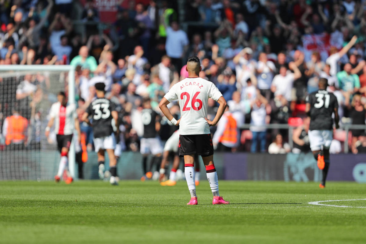 Carlos Alcaraz pictured standing with his hands on his hips looking dejected during Southampton's 2-0 loss to Fulham in May 2023