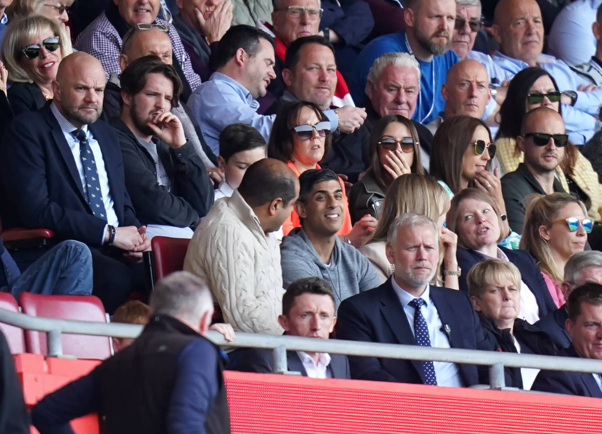 Prime minister Rishi Sunak (center) pictured in the stands during Southampton's 2-0 loss to Fulham in May 2023