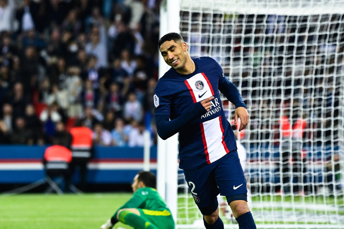 Achraf Hakimi pictured after scoring for PSG in a 5-0 win over Ajaccio in May 2023