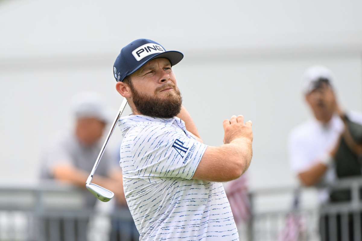Tyrrell Hatton (ENG) watches his tee shot on 7 during Rd1 of the AT&T Byron Nelson at TPC Craig Ranch on May 11, 2023 in McKinney, Texas.