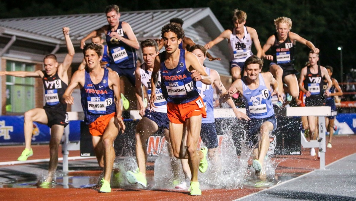 Nate Mountain and Derek Johnson finishing first and second for Virginia in the 3000-meter steeplechase at the ACC Outdoor Track & Field Championships at NC State’s Paul Derr Track in Raleigh, North Carolina.