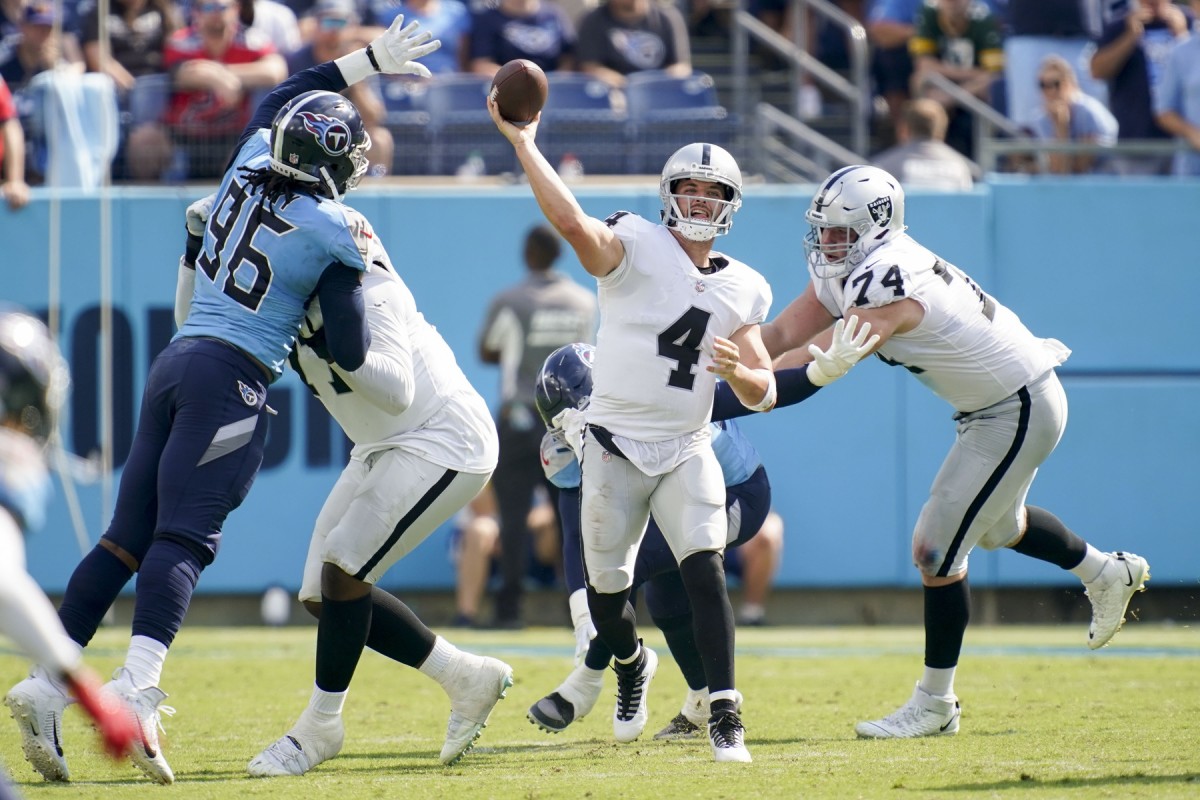 Sep 25, 2022; Las Vegas Raiders quarterback Derek Carr (4) throws the ball against the Tennessee Titans. Mandatory Credit: Andrew Nelles-USA TODAY
