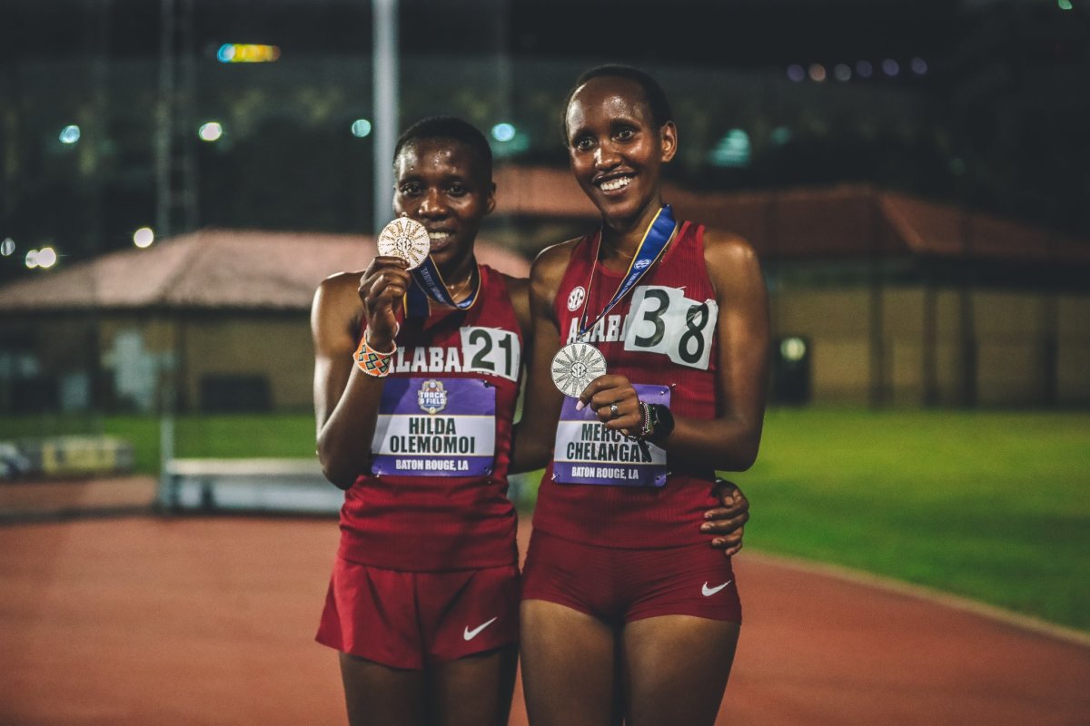 Alabama Track and Field's Hilda Olemomoi and Mercy Chelangat pose with their medals at the SEC Track and Field Championships in Baton Rouge, La.