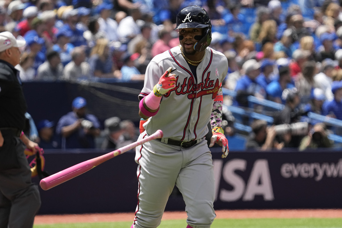 May 14, 2023; Toronto, Ontario, CAN; Atlanta Braves right fielder Ronald Acuna Jr. (13) flips his bat after hitting a solo home run against the Toronto Blue Jays during the first inning at Rogers Centre. Mandatory Credit: John E. Sokolowski-USA TODAY Sports
