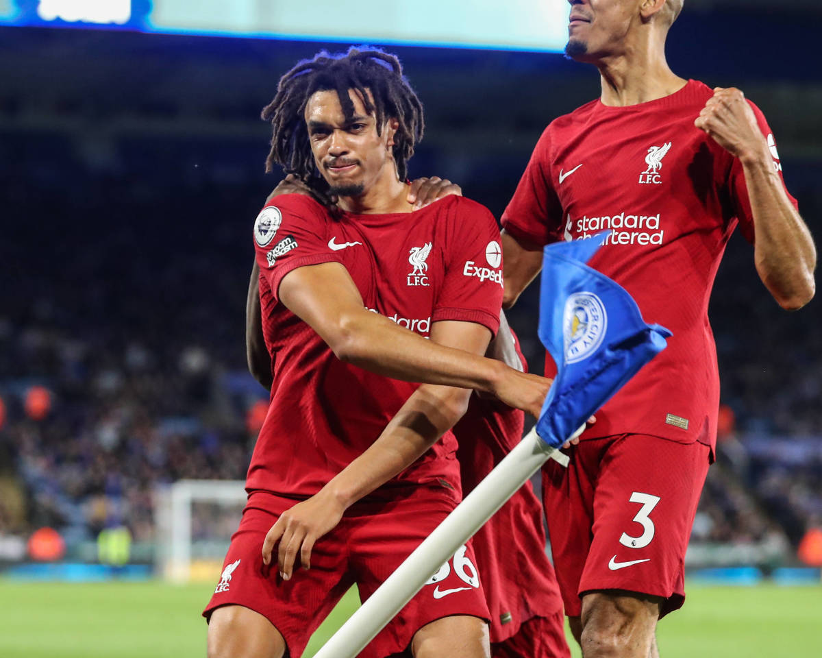 Trent Alexander-Arnold pictured celebrating after scoring for Liverpool against Leicester in May 2023