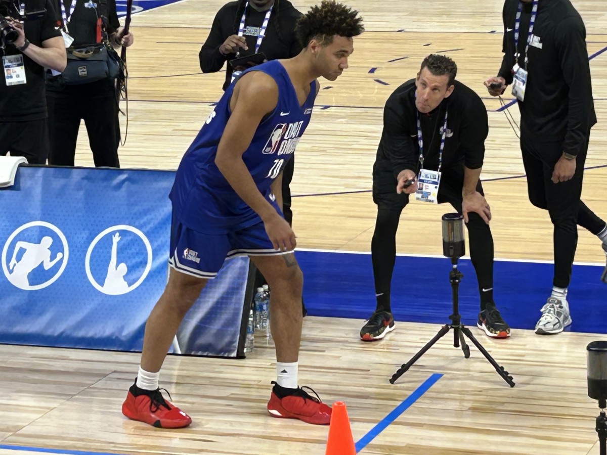 Former Indiana star Trayce Jackson-Davis waits at the starting line to start an agility drill during the NBA Draft Combine on Monday in Chicago. (HoosiersNow.com photo by Tom Brew)