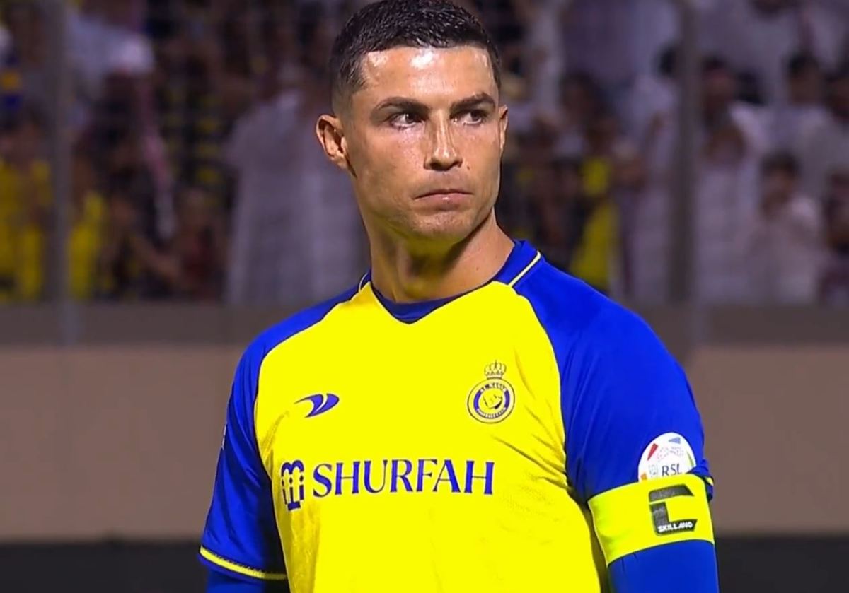 Cristiano Ronaldo pictured moments before he converted a penalty kick to score for Al Nassr in a 2-0 win over Al Ta'ee in May 2023