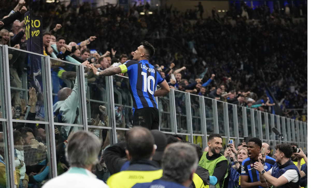 Inter Milan's Lautaro Martinez celebrates after scoring his side's opening goal during the Champions League semifinal.