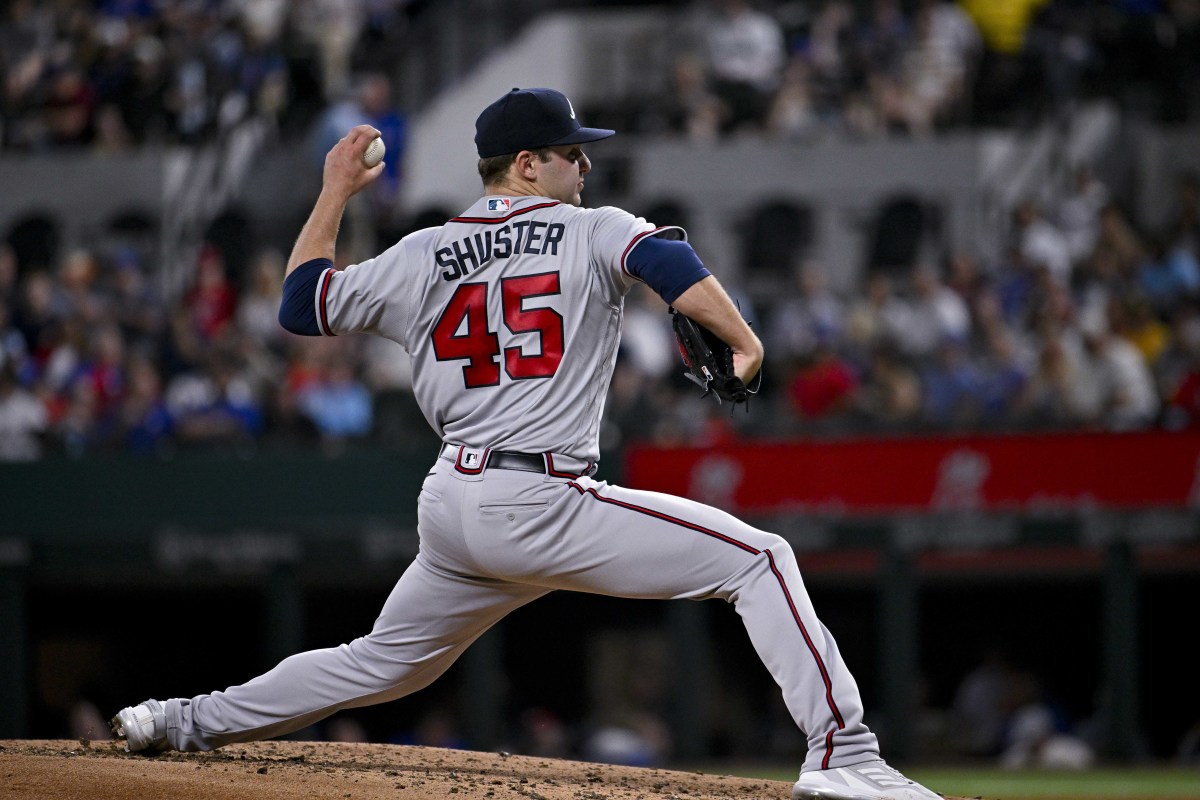 May 16, 2023; Arlington, Texas, USA; Atlanta Braves starting pitcher Jared Shuster (45) pitches against the Texas Rangers during the third inning at Globe Life Field.