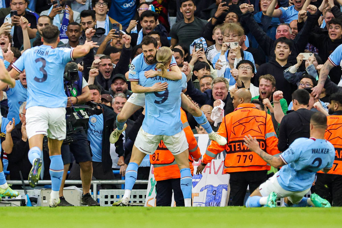 Players and supporters of Manchester City pictured celebrating after an early goal put them 1-0 up against Real Madrid in the second leg of their Champions League semi-final in May 2023