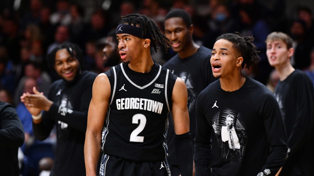 Georgetown Hoyas guard Dante Harris (2) reacts in front of the bench after scoring in the second half against the Villanova Wildcats at William B. Finneran Pavilion.