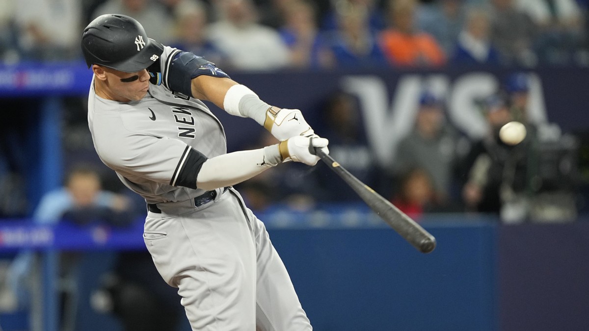 New York Yankees designated hitter Aaron Judge hits a two run home run against the Toronto Blue Jays.