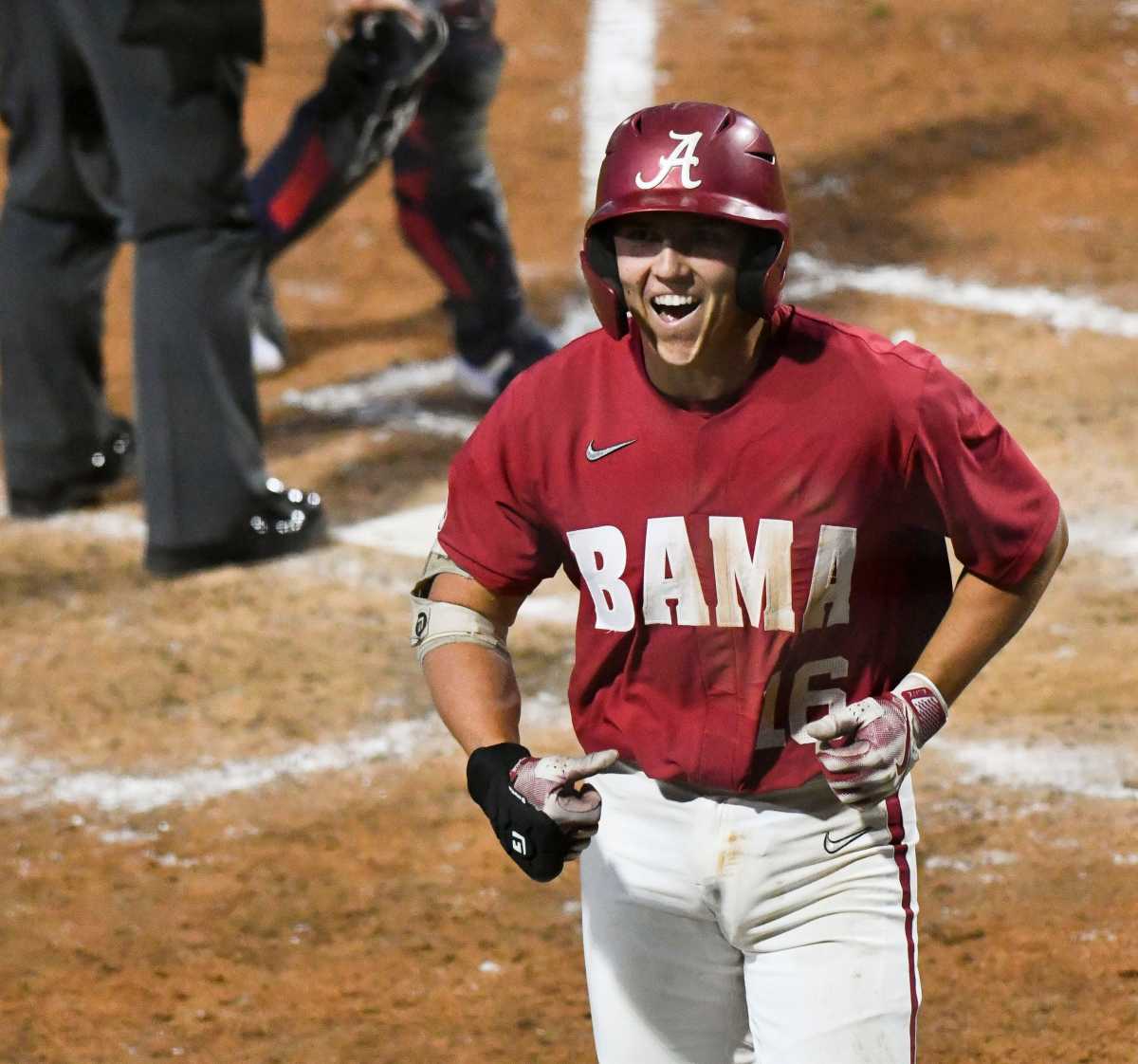 Alabama hitter Colby Shelton (16) is all smiles after hitting a three-run homer against Samford at Sewell-Thomas Stadium on April 25, 2023