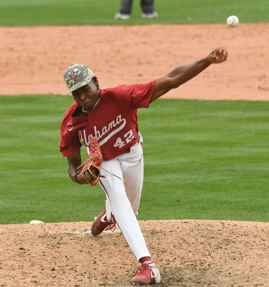Alabama pitcher Alton Davis II (42) pitches the final inning in the Crimson Tide s victory over Vanderbilt. Alabama defeated Vanderbilt 2-1 to claim the weekend series two games to one Saturday May 6, 2023, at Sewell-Thomas Stadium.
