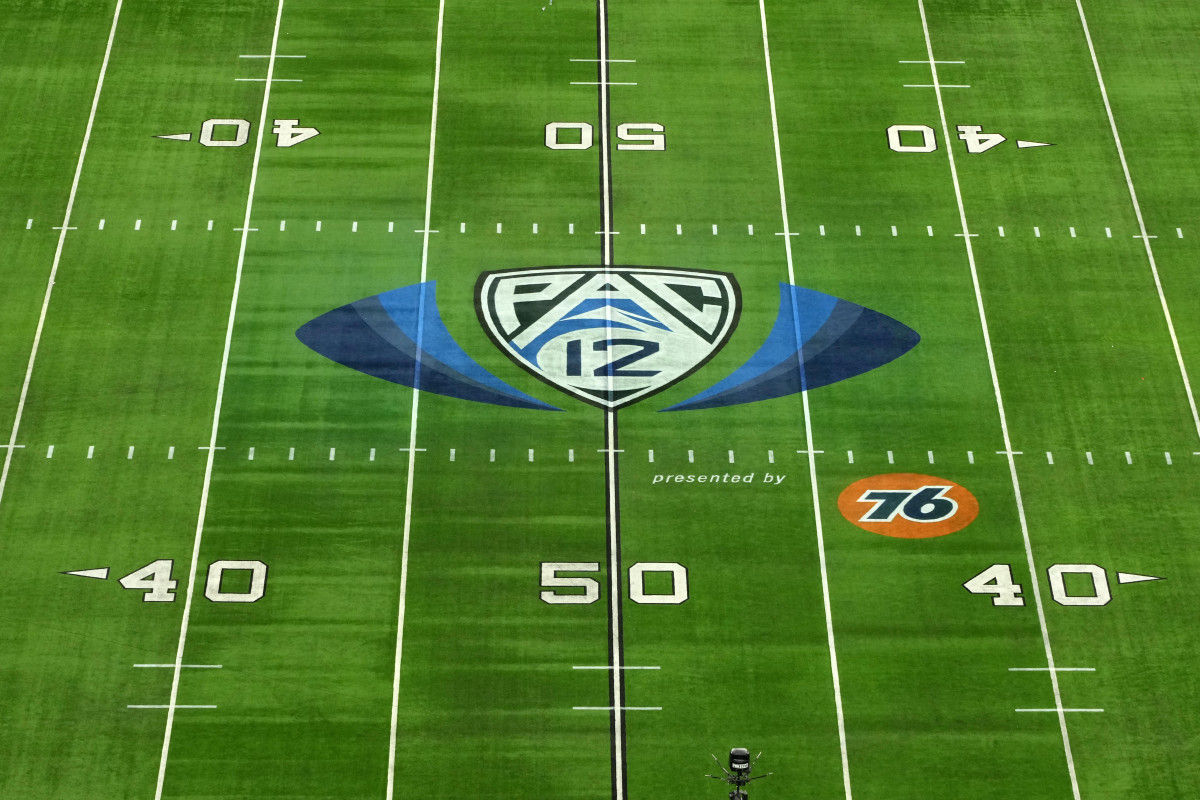 Dec 2, 2022; Las Vegas, NV, USA; A general overall view of the Pac-12 Conference logo at midield at Allegiant Stadium. Mandatory Credit: Kirby Lee-USA TODAY Sports
