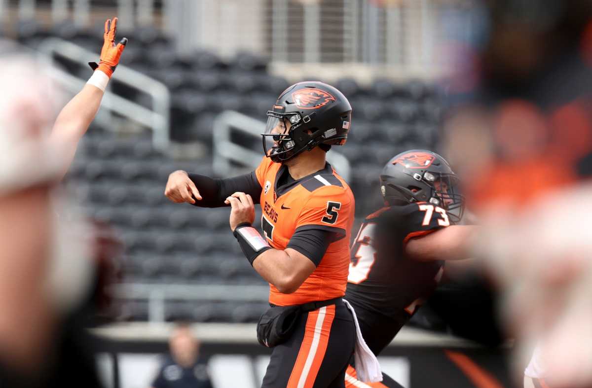 Oregon State quarterback DJ Uiagalelei (5) passes the ball during the spring showcase at Reser Stadium, Saturday, April 22, 2023, in Corvallis, Ore. Oregon State Spring Game679Created: