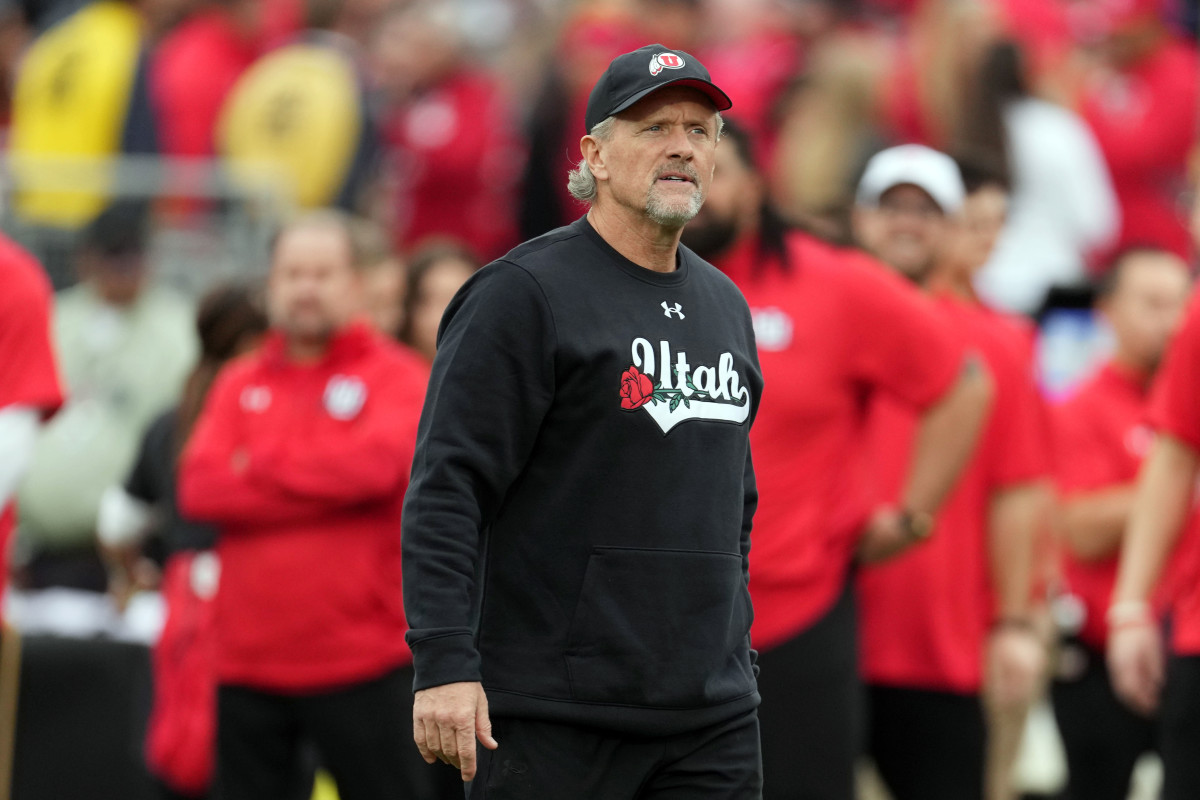 Jan 2, 2023; Pasadena, California, USA; Utah Utes head coach Kyle Whittingham looks on before the 109th Rose Bowl game against the Penn State Nittany Lions at the Rose Bowl. Mandatory Credit: Kirby Lee-USA TODAY Sports
