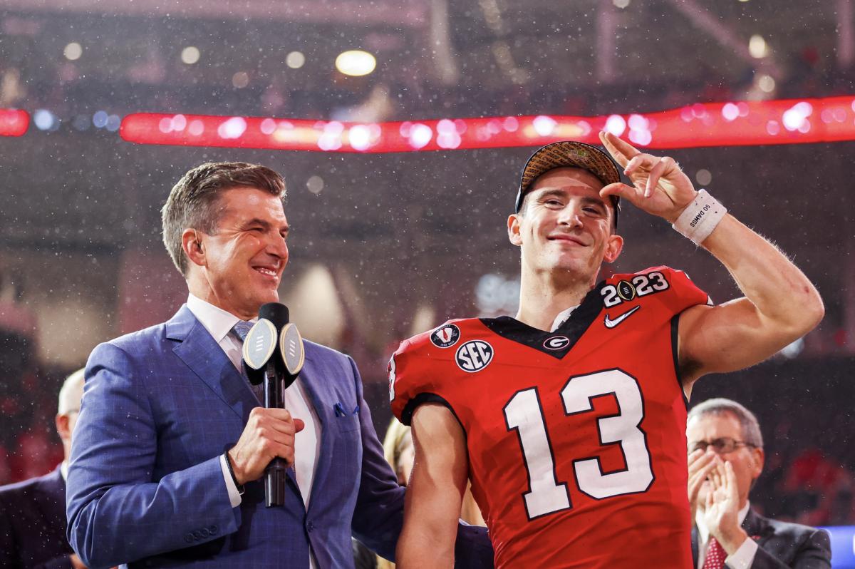 Stetson Bennett after winning the 2023 College Football Playoff National Championship at SoFi Stadium in Los Angeles, Calif.