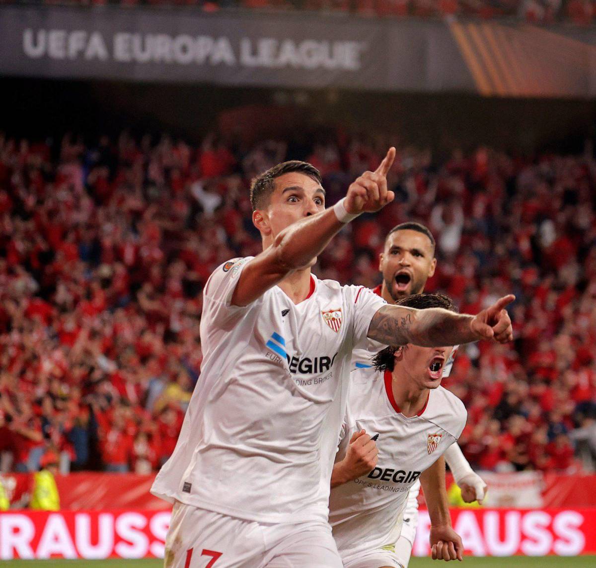 Erik Lamela pictured celebrating after scoring Sevilla's winning goal in a 3-2 aggregate victory over Juventus in the semi-finals of the UEFA Europa League in May 2023