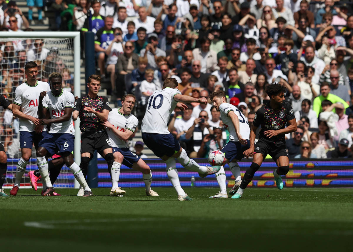 Harry Kane (no.10) pictured scoring for Tottenham against Brentford in May 2023