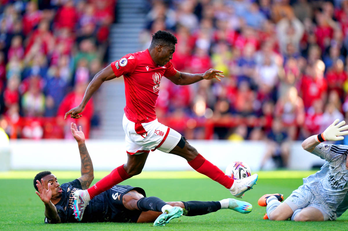 Taiwo Awoniyi pictured scoring for Nottingham Forest against Arsenal in May 2023