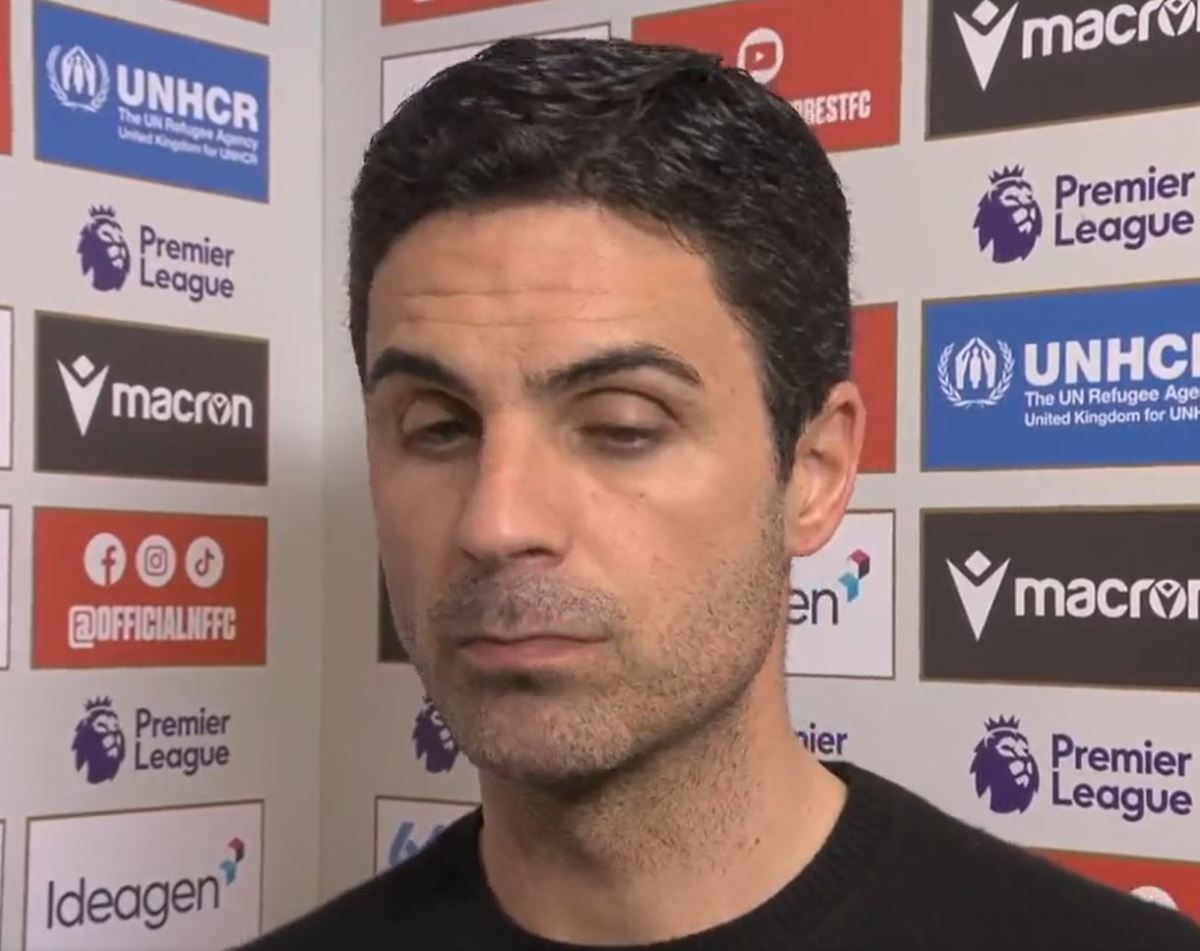 Arsenal manager Mikel Arteta pictured looking sad after his team's 1-0 defeat at Nottingham Forest in May 2023