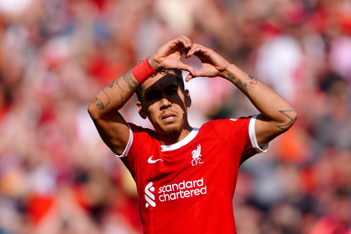 Roberto Firmino pictured celebrating after scoring his last ever home goal for Liverpool in a 1-1 draw against Aston Villa at Anfield in May 2023