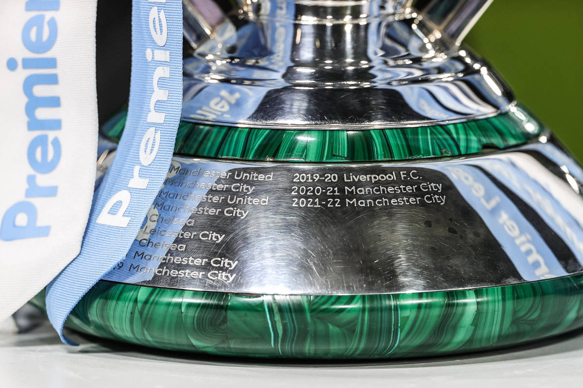 The Premier League trophy pictured before being engraved with Manchester City's name for the seventh time after they won the title in the 2022/23 season