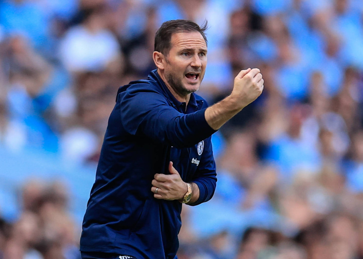 Chelsea interim manager Frank Lampard pictured gesturing towards his players during a game at Manchester City in May 2023