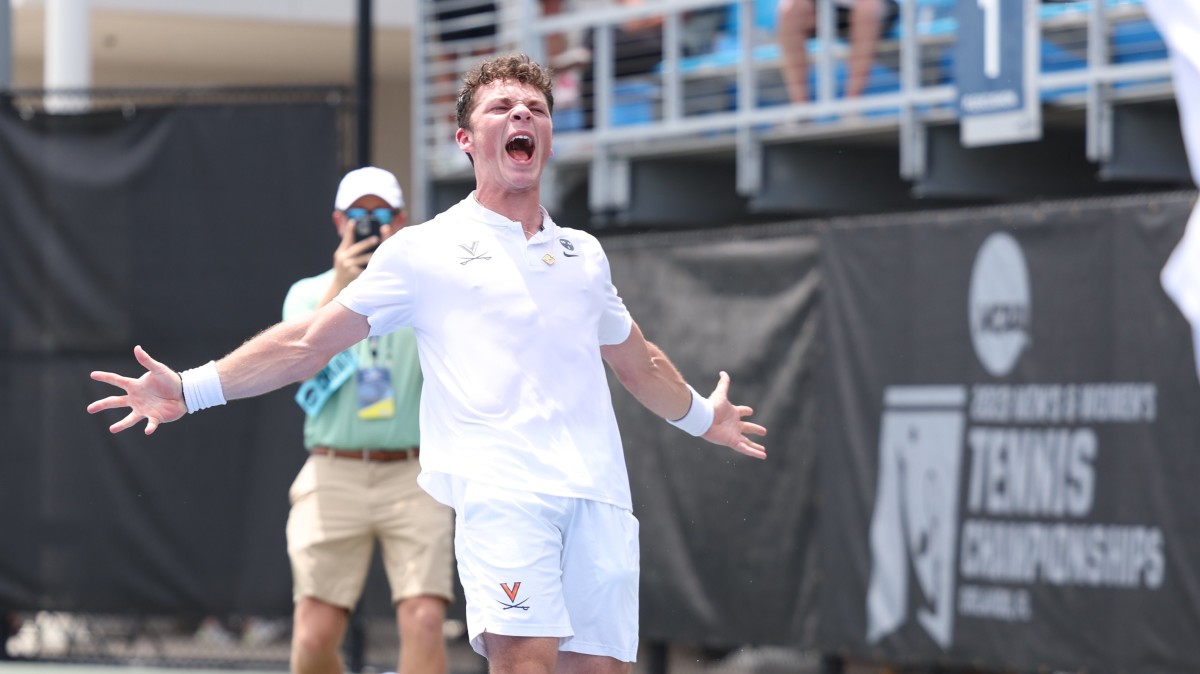 Inaki Montes celebrates after clinching the 2023 NCAA Men's Tennis National Championship for the Virginia men's tennis team at USTA National Campus in Orlando.