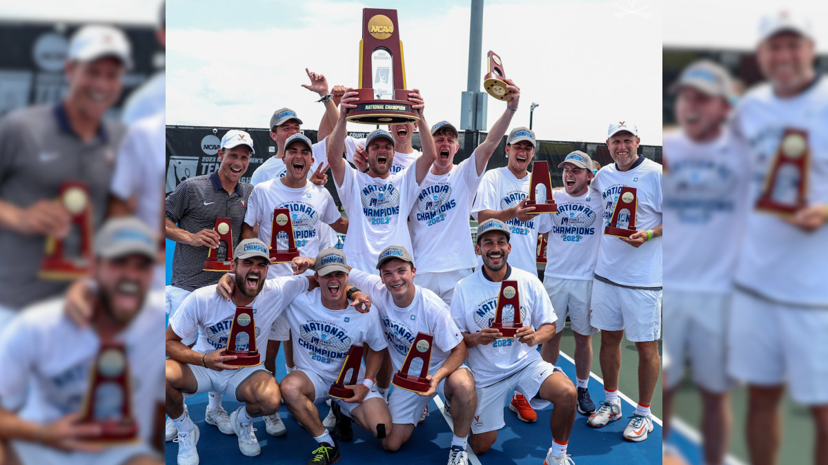 The Virginia men's tennis team celebrates with the trophy after winning the 2023 NCAA Men's Tennis National Championship in Orlando, Florida.